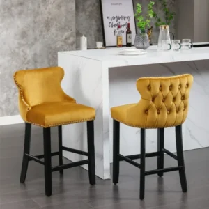 1 Pair Wing-Back Velvet Barstools, Tufted Nailhead Trim - Image 12