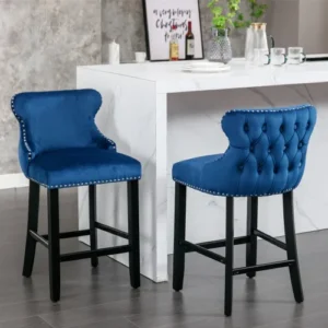 1 Pair Wing-Back Velvet Barstools, Tufted Nailhead Trim - Image 9