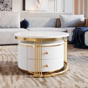 Modern 2 Piece White Round Nesting Coffee Table with Drawers Gold Metal Legs - Image 3