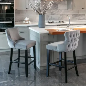 1 Pair Wing-Back Velvet Barstools, Tufted Nailhead Trim - Image 11