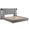 California King Size Upholstered Bed Frame With Wall Sconce and USB Port, Wide Headboard, Velvet, Gray