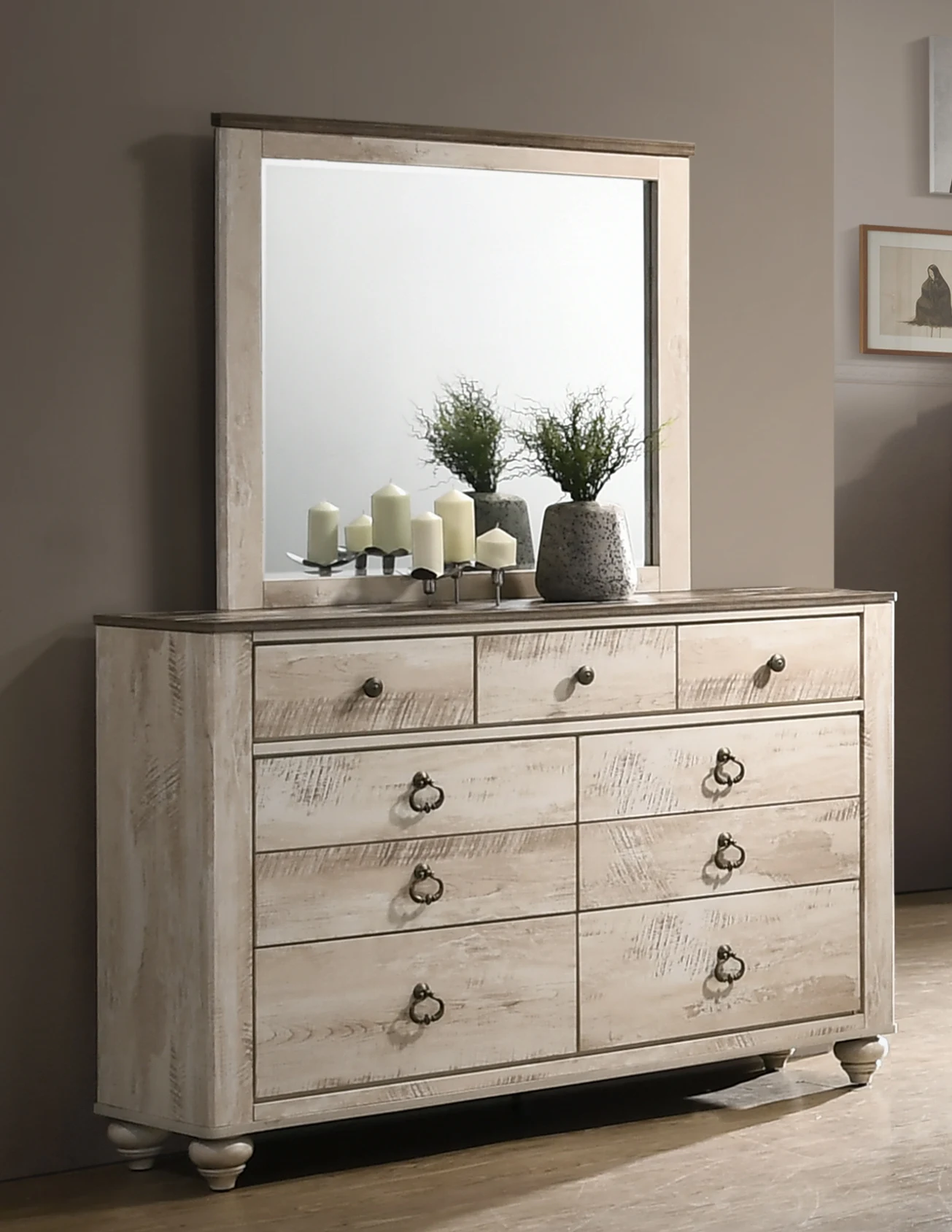 Imerland Contemporary White Wash Finish Bedroom 4 Pcs Set Includes Bed Dresser Mirror & One Nightstand - Image 2