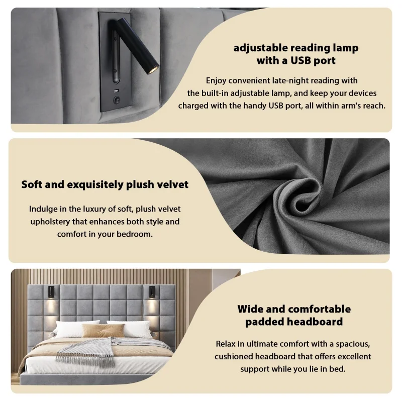 California King Size Upholstered Bed Frame With Wall Sconce and USB Port, Wide Headboard, Velvet, Gray