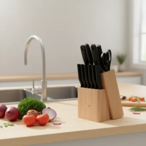 15-Piece German Carbon Steel Kitchen Knife Set PP Ergonomic Handle Wooden Block Sharpener - Image 2