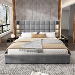 California King Size Upholstered Bed Frame With Wall Sconce and USB Port, Wide Headboard, Velvet, Gray - Image 2