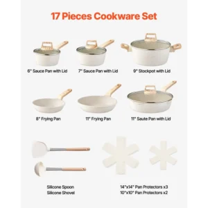 Modern White Granite Nonstick Induction Cookware Set 17-Piece Aluminum with Glass Cover Wood Handle Ceramic Coating Oven Safe - Image 3
