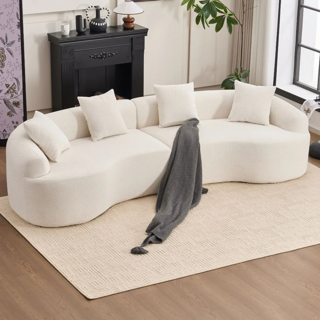 110 Inch Four-Seater White Chenille Fabric Sofa with 30D Hard Sponge and 4 Pillows