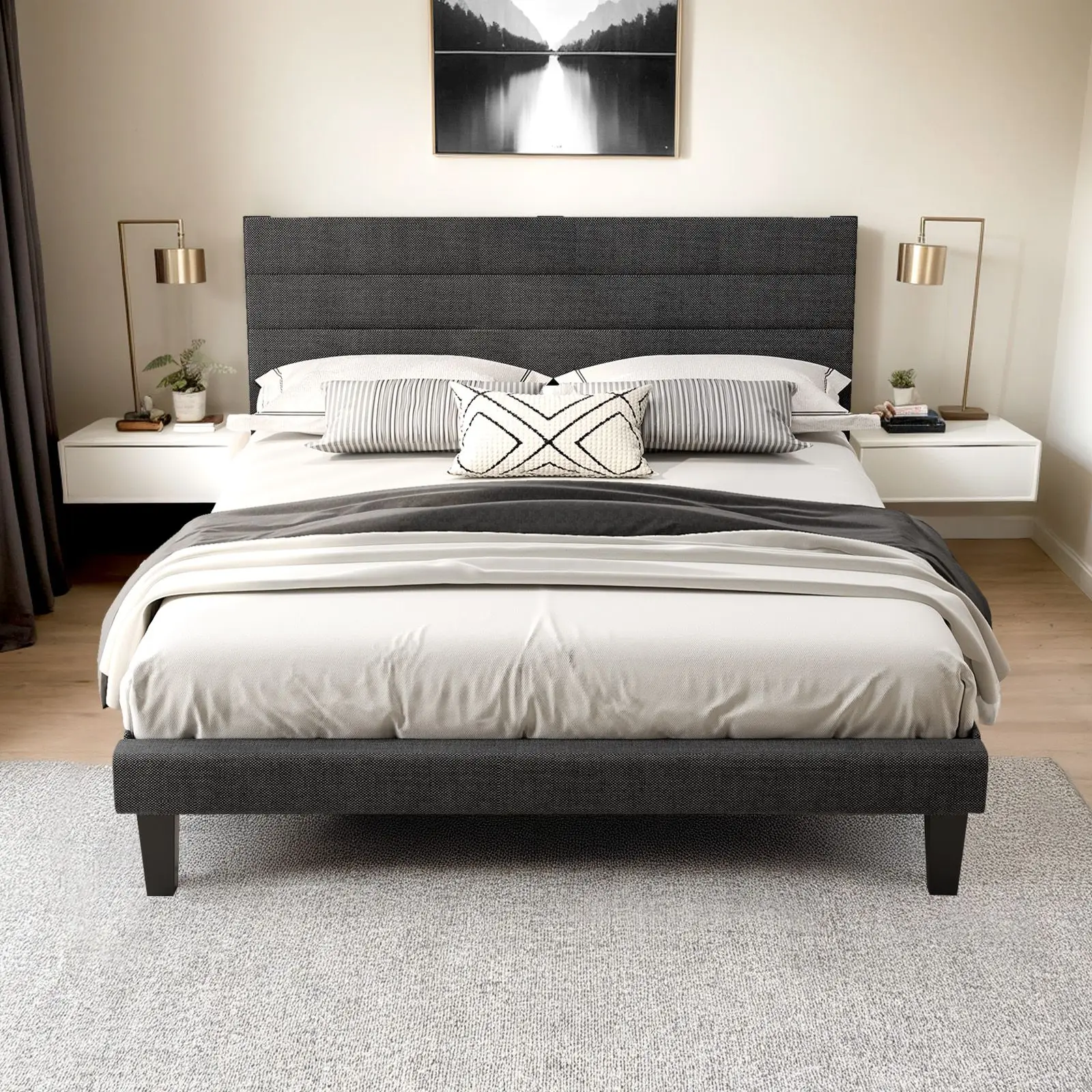Dark Gray Luxurious King Size Platform Bed Frame with Lighted Headboard & Linen-like Upholstery - Image 1