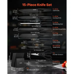 15-Piece German Carbon Steel Kitchen Knife Set PP Ergonomic Handle Wooden Block Sharpener - Image 3