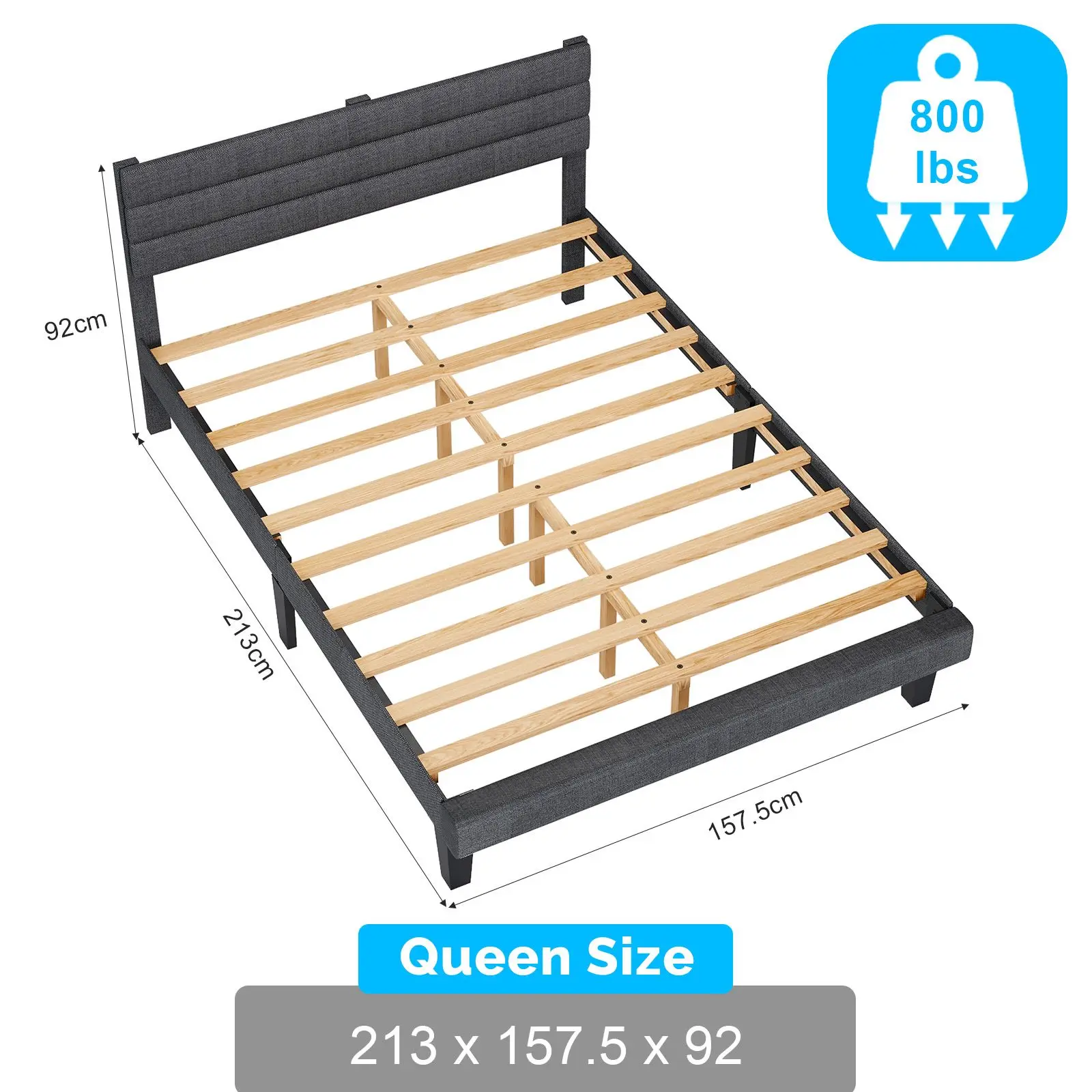 Dark Gray Luxurious King Size Platform Bed Frame with Lighted Headboard & Linen-like Upholstery - Image 3